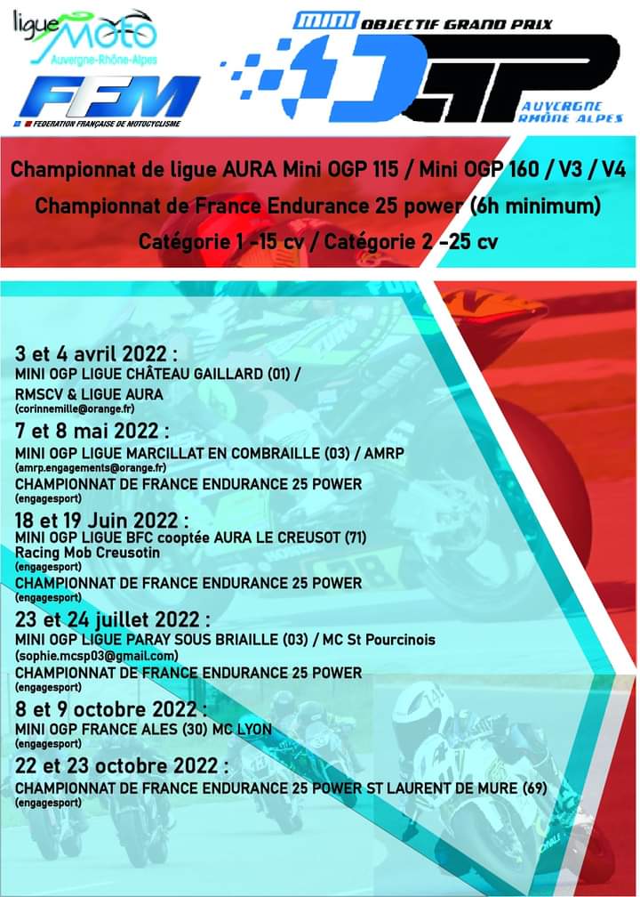 1ère Manche Championnat Ligue AuRA, MINI OGP, Dim 3 Avril à Château-Gaillard